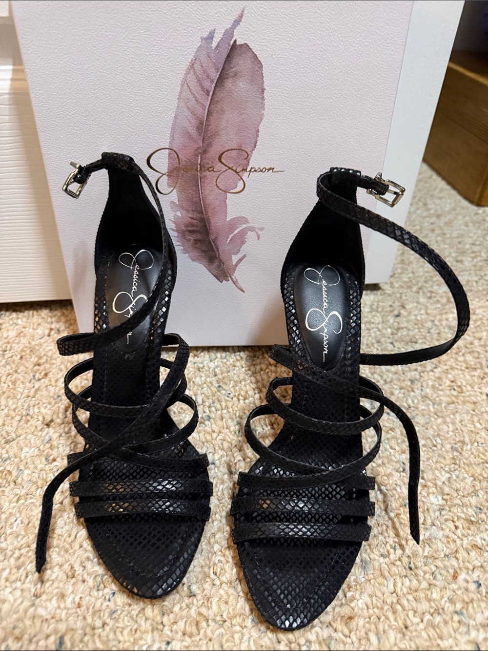 Jessica Simpson Black Snake-Texture Strappy Ankle Heels